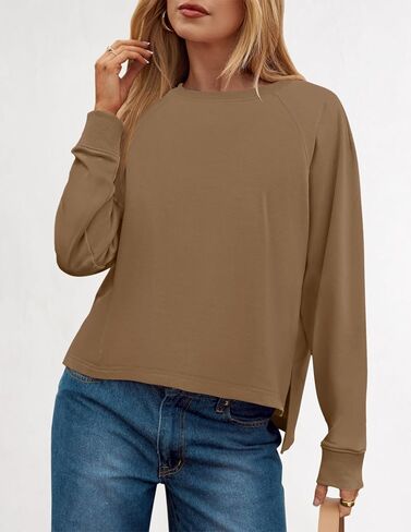 ZESICA Womens Causal Long Sleeve Lightweight Sweatshirts Crewneck Side Slit Loose Shirts Basic Fall Tops in Saudi Arabia