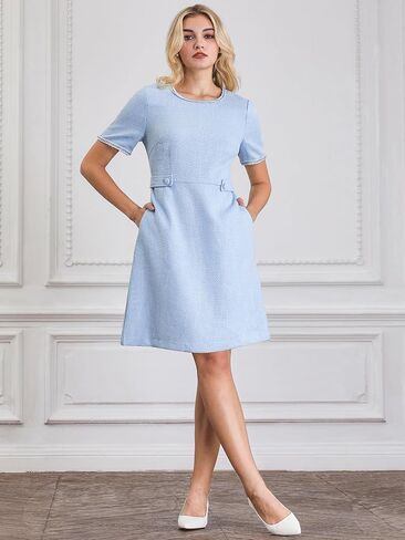 Women's Tweed Dress Round Neck Short Sleeve Elegant Work A-Line Short Dresses in Saudi Arabia