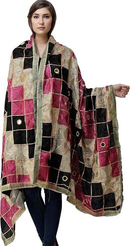 Exotic India Phulkari Dupatta from Punjab with Embroidery All-Over and Mirrors - Art Silk in Saudi Arabia