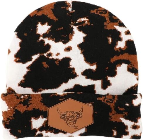Cow Print Knit Beanie with Leather Patch, Brown/White/Black in Saudi Arabia