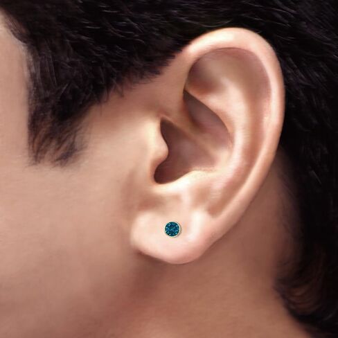 14k Yellow Gold Bezel-set Round Blue Diamond Men SINGLE STUD Earring (1/8-1ct,Blue,I1-I2) Screw-Back in Saudi Arabia