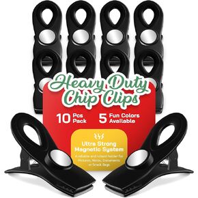 Magnus 10 Pack Magnetic Chip Clips - Tight Sealing Bag Clips for Food Packages with Super Strong Magnet Clips for Fridge Heavy Duty - Food Clips for Bags, Chip Bag Clip for Food Storage (Black)