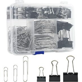 Binder Clips Paper Clips Assorted Sizes, 340pcs Black Binder Clips Jumbo Paperclips Set, Large Paper Clips for Office, School Supplies, Binder & Paper Clips in Container with Compartments