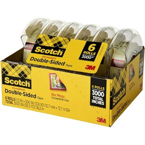 Scotch Double Sided Tape with Tape Dispenser, Office and School Supplies for Arts and Crafts, Alternative to Scrapbooking Tape, 0.5 in. x 500 in., 6 Tape Rolls With One Tape Dispenser