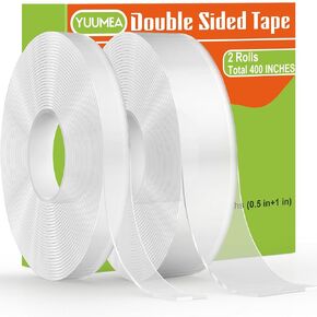 Double Sided Tape, Nano Mounting Tape Heavy Duty (2 Sizes, Total 400 INCHES), Clear Two Sided Wall Tape, Removable Picture Hanging Adhesive Tape Strips, Poster Carpet Tape for Home Office Car