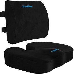 CloudBliss Seat Cushion for Office Chair,Car Seat,Lumbar and Back Support Memory Foam Pillow, Coccyx Cushion for Tailbone ,Sciatica & Back Pain Relief -Black