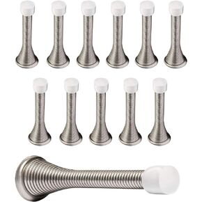 12 Pack Spring Door Stops 3 1/4" Flexible Heavy Duty Spring Door Stopper with RustProof Screw Rubber Bumper Tips (Satin Nickel)