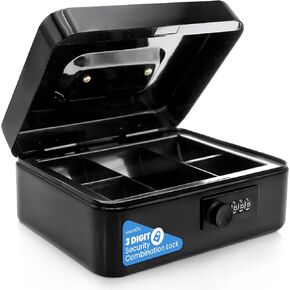 Serenelife 8" Metal Cash Box with Lock | Cash Safe Lock Box with Money Tray | 5 Lockable Drawers | Five Compartment Cash Tray | Storage for Valuables | 8" x 6.2" x 3.5" IN | Black
