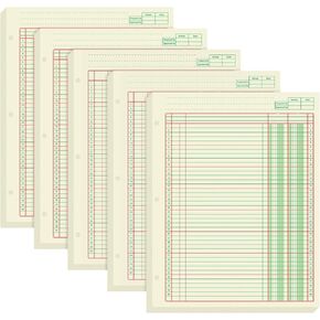 Fulmoon 5 Pack 250 Sheets Ledger Paper Accounting Columnar Pads 3 Hole Analysis Accounting Ledger Book for Business, 50 Sheets/Pack, Single Page Format, Green(8.5 x 11 Inch,4 Columnar)