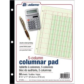 Adams Columnar Analysis Pad, 5 Column Ledger, 8.5" x 11", 100 Pages (50 Sheets), Green, 3 Hole Punch, for Accounting, Bookkeeping & Data (ACP85115)