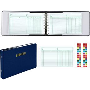 Ring Ledger Binder with 200 Pcs 5"x8.5" Ledger Sheets Small Index Tabs for Bookkeeping Accounting Business with Debit Credit Balance Columns(Blue Cover, Yellow Sheets)