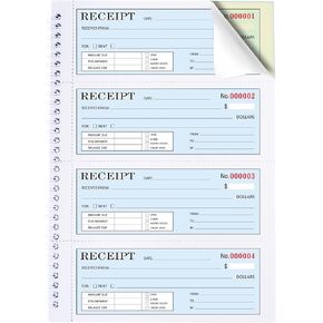 Zzrywuty Money and Rent Receipt Book with Cardboard Insert,2-Part Carbonless,5.3"x11.2" Spiral Bound,200 Sets per Book,4 Receipts per Page for Office Supplier,Rent and Cash Transaction in Kuwait