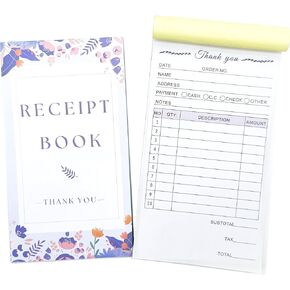Thank You Receipt Book for Small Businesses 4x7 inches 2-Part Carbonless White Yellow 50 Sets 100 Sheets per Book with Wrap Around Cover Blank Signature Stamp Section (2 Purple)