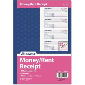 Adams TC1182 Receipt Book, 7 5/8 x 11, Three-Part Carbonless, 100 Forms