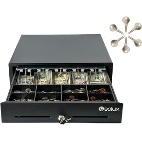 SOLUX 16" Cash Drawer - Cash Register Drawer for POS System - Square Cash Drawer - Removable Coin Tray - Cash Drawer for Small Businesses - Steel Heavy Duty -RJ11 RJ12 KeyLock - 5 Bills 8 Coins, Black