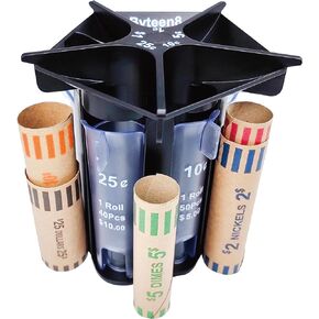 Manual Coin Counter Coin Sorter Tube with Coin Wrappers｜Sort & Roll Your Loose Change Quickly, Black 5-in-1 Coin Organizer Change Counter Machine, Coin Roller Coin Bank Holder｜Easy to Use & Accurate