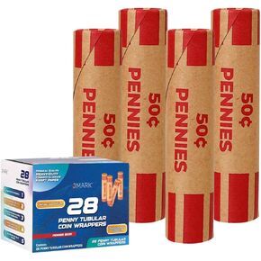 J Mark Burst Resistant Preformed Penny Coin Roll Wrappers, 92-Count Heavy Duty Penny Wrappers for Coins Cartridge-Style Coin Roller Tubes, Includes J Mark Coin Deposit Slip