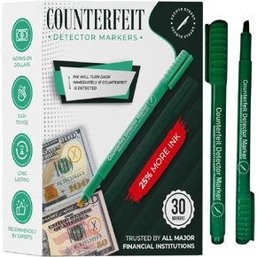 Counterfeit Money Pens - Box of 30 - Money Markers - Counterfeit Money Marker Pens - Extra Ink, Ink Turns Dark Upon Detection, Money Pens for Fraud Prevention