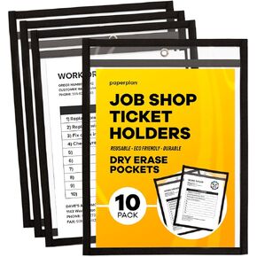 Job Ticket Holders 9x12 - (10 Pack), 8.5 x 11 Letter Size, Dry Erase Pockets, Clear & Black Plastic Sleeves - Reusable, Water-Resistant