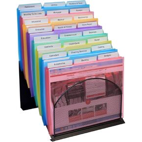 Ultimate Office 8 Section High Capacity Black Wire Mesh Inclined Desktop Organizer, StepUp File Sorter Rack Includes 18, 3rd-Cut PocketFile Clear Poly Document Folder Project Pockets