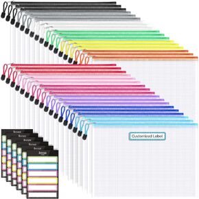 Sooez 24 Pack Mesh Zipper Pouch with Sticky Labels, A4 Size Mesh Bags for Board Game & Puzzles Organizing Storage, Durable Letter Size File Bags for Office Classroom Organization, Black
