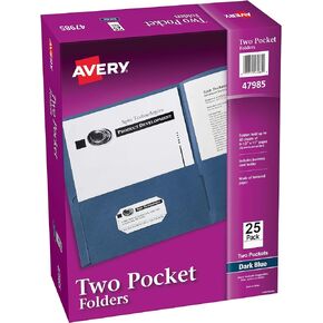 مجلدات Avery ذات جيبين، تحمل ما يصل إلى 40 ورقة، وفتحة لبطاقة العمل، و25 مجلدًا باللون الأزرق الداكن (47985)