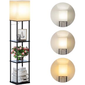 SUNMORY Floor Lamp with Shelves, Modern Square Standing Lamp with 3 Color Temperature Bulb, Corner Display Bookshelf Lamp for Living Room and Bedroom(Black)