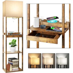 RUNTOP Floor Lamp with Shelves, Modern Shelf Lamp for Display Storage, 3 Color Temperature Wood Narrow Standing Corner Lamp with 8W Bulb for Living Room Decor, Bedroom, Office, Home Decor(Brown)