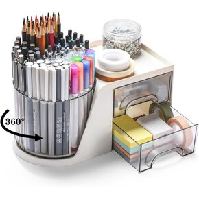 Rotating Desk Organizer with 2 Drawer, Pencil Pen Holder for Desk, Desk Organizers and Accessories with 4 Compartments + Drawer for Office Home Art Supplies (White)
