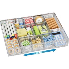 Marbrasse Expandable Desk Drawer Organizer, Mesh Drawer Organizer Tray with 10 Adjustable Compartments, Desk Organizers and Accessories, 5 Dividers Drawer for Office Supplies, Makeup & Vanity (Black)