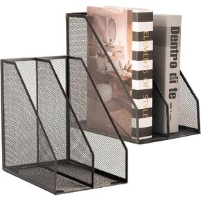 2 Set Magazine Holder Metal Wire, 2 Compartments Mesh File Holder for Desk, Office Desk Accessories Decorative File Box, Black