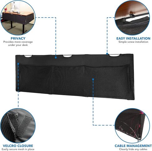 Mount-It! Under Desk Modesty Panel for Office Desks and Sit Stand Workstations [60 Inches Wide] Mesh Organizer Pockets for Cables and Wires (Black) in Kuwait