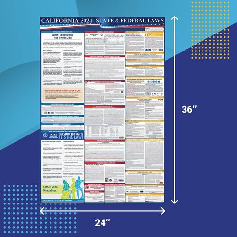 ملصق قوانين العمل الفيدرالية وولاية كاليفورنيا لعام 2024 - النسخة الإنجليزية - متوافق مع OSHA في مكان العمل - نشر الامتثال الكل في واحد مقاس 24 بوصة × 36 بوصة (الإنجليزية) in Kuwait