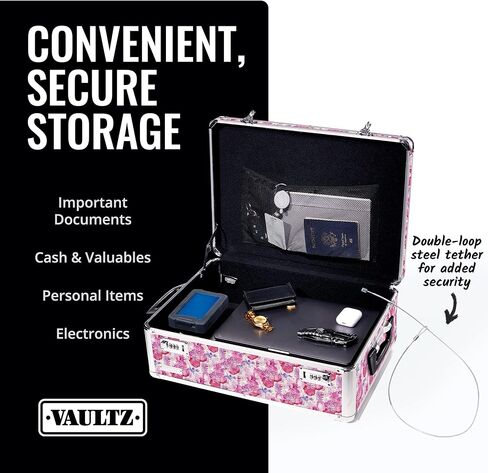 صندوق قفل تخزين Vaultz - صندوق تخزين قابل للقفل مقاس 6.5 × 23 × 13.5 بوصة مع قفل مركب - حقيبة، صندوق دواء، صناديق قفل للأغراض الشخصية، النقود، الكمبيوتر المحمول - أسود على أسود in Kuwait