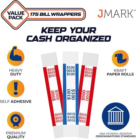 أشرطة أكمام للعملات المعدنية - مصنوعة في الولايات المتحدة الأمريكية (عبوة من 175 قطعة) أغلفة نقود متنوعة ذاتية اللصق للفواتير، أغلفة مرمزة بالألوان تلبي معايير ABA، 7.5 × 1.25 بوصة - ورق كرافت قابل لإعادة التدوير in Kuwait