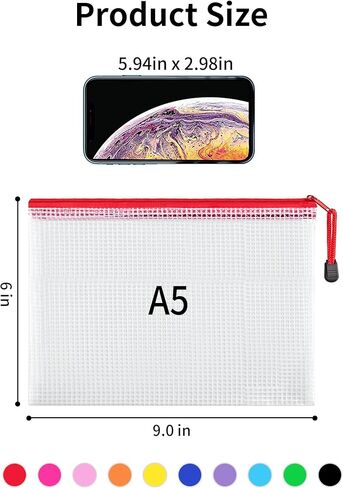 JARLINK 20 Pack 10 Colors Zipper Mesh Document Pouch, 6x9 Inch/A5, Plastic Water-Resistant File Bags, for School Office Supplies, Cosmetics Travel Storage, Assorted Color in Kuwait