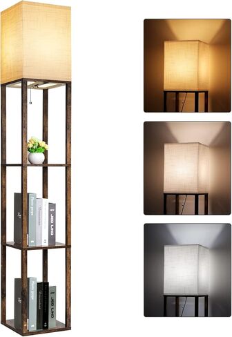 RUNTOP Floor Lamp with Shelves, Modern Shelf Lamp for Display Storage, 3 Color Temperature Wood Narrow Standing Corner Lamp with 8W Bulb for Living Room Decor, Bedroom, Office, Home Decor(Brown) in Kuwait