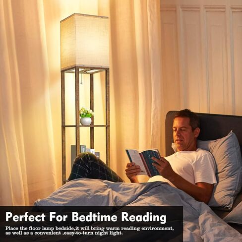 RUNTOP Floor Lamp with Shelves, Modern Shelf Lamp for Display Storage, 3 Color Temperature Wood Narrow Standing Corner Lamp with 8W Bulb for Living Room Decor, Bedroom, Office, Home Decor(Brown) in Kuwait