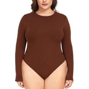 FOREYOND Plus Size Bodysuit for Women Long Sleeve Crew Neck Tops Casual Slim Fit Basic Shirts