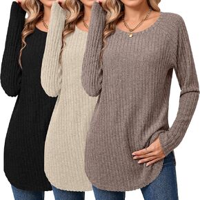 Ficerd 3 Pack Women's Curved Hem Long Sleeve Sweaters, 2024 Side Split Crew Neck Tunic Tops Loose Fit Shirts Basic Pullover