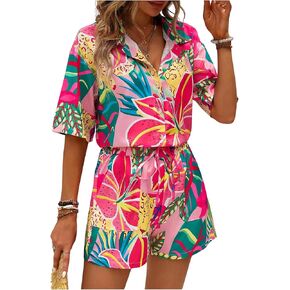 SOLY HUX Women's 2 Piece Vacation Outfits Tropical Print Half Sleeve Button Down Shirt and Shorts Set