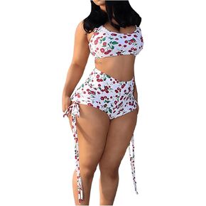 WDIRARA Women's 2 Piece Outfits Cherry Print Sleeveless Tank Top and Drawstring Side Skinny Shorts Set