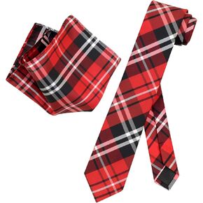 Vesuvio Napoli Skinny NeckTie Black Red White Plaid Mens 2.5" Tie & Handkerchief