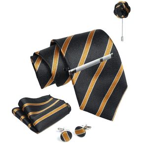 AXLON Black Gold Striped Ties For Men – Tie Set With Pocket Square Cufflinks Tie Clip Bar & Flower Brooch Pin For Mens (Pack of 5) (AXTS49)