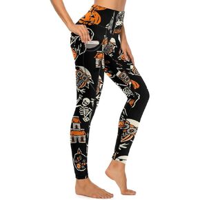 QIVICIMA Womens High Waist Workout Leggings Halloween Christmas Gym Plaid Printed Tummy Control Yoga Pants with Pockets
