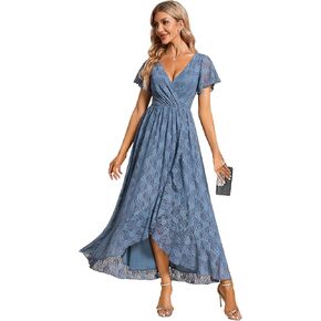 Ever-Pretty Women's Lace V Neck Ruffles Sleeves Pleated Empire Waist A-Line Maxi Formal Dresses 01489