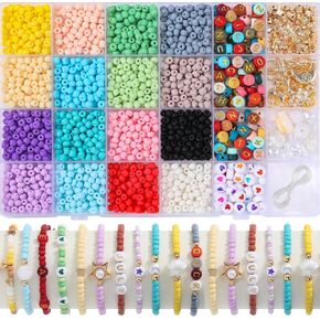 LASOFAMERE 4mm 6/0 3000pcs Glass Seed Beads for Bracelet Making Kit,Small Beads for Beginner,Friendship Kit for Jewelry Making with Colorful Alphabet Letter Beads for DIY Gifts,Adult,Art and Craft