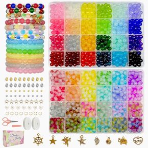 1528pcs 8mm Glass Beads Jewelry Making Kit, 48 Colors Round Crystal Beads for Friendship Bracelets, Round Glass Beads Kit with Charms for DIY Crafts for Adults Girls (48-Color-1)