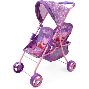 Peppa Pig: Doll Twin Stroller - Pink & White Dots - Fits Dolls Up To 24", Retractable Canopy, Easy to Fold for Storage & Travel, For Dolls Plushes &-Stuffed Animals, Pretend Play For Kids Ages 3+