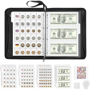 MoKo Coin Collection Book, 356 Pockets Fireproof Coin Album Collection Holder & 36 Sleeves Currency Storage Binder, Coin Collection Supplies for Coin Bill Penny Quarter Stamp, Black